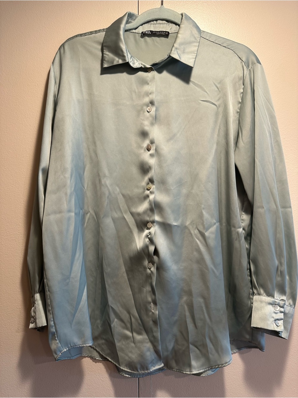 Zara Satin Pale Sage Button-Down Shirt